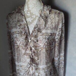 Vintage True Grit tan and cream bell sleeve ruffle neckline top size L